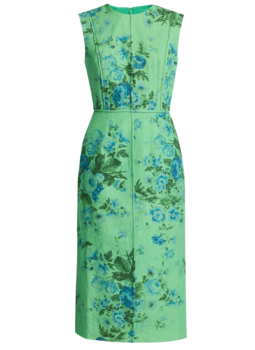 Floral Print Linen Pencil Midi Dress