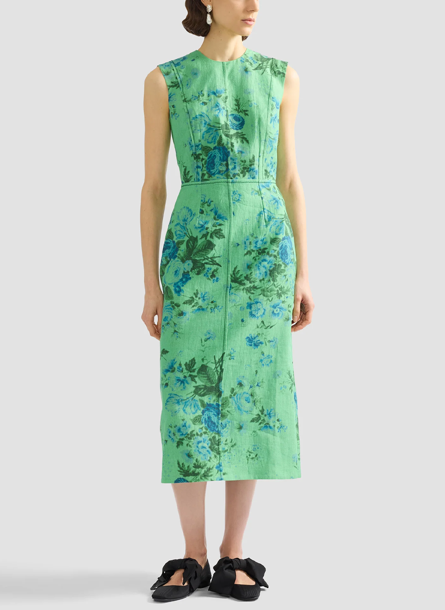 Floral Print Linen Pencil Midi Dress