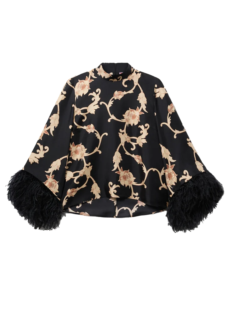 Make An Exit Top Buttercup Black in Silk Twill With Feathers - La DoubleJ
