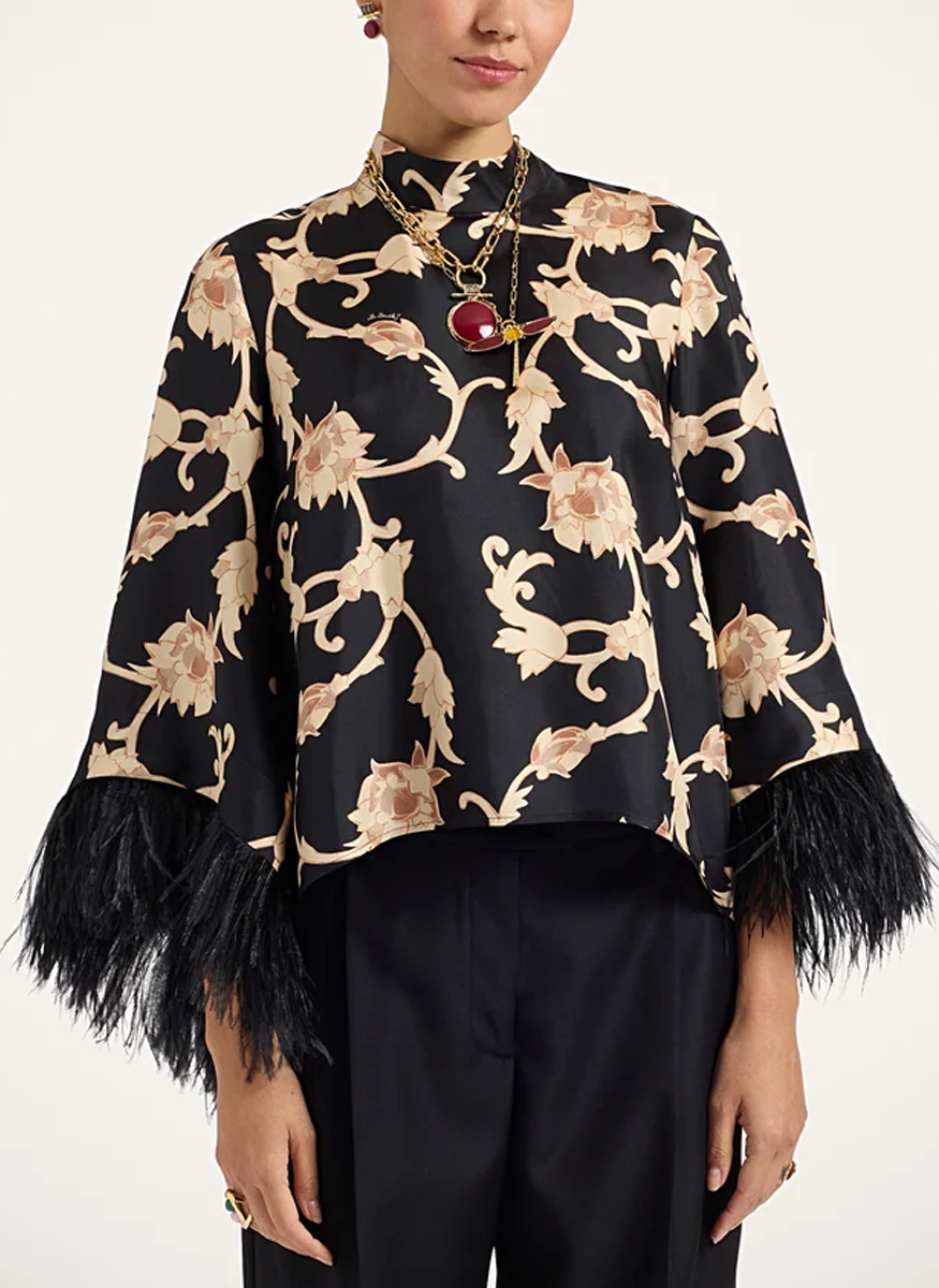 Make An Exit Top Buttercup Black in Silk Twill With Feathers - La DoubleJ