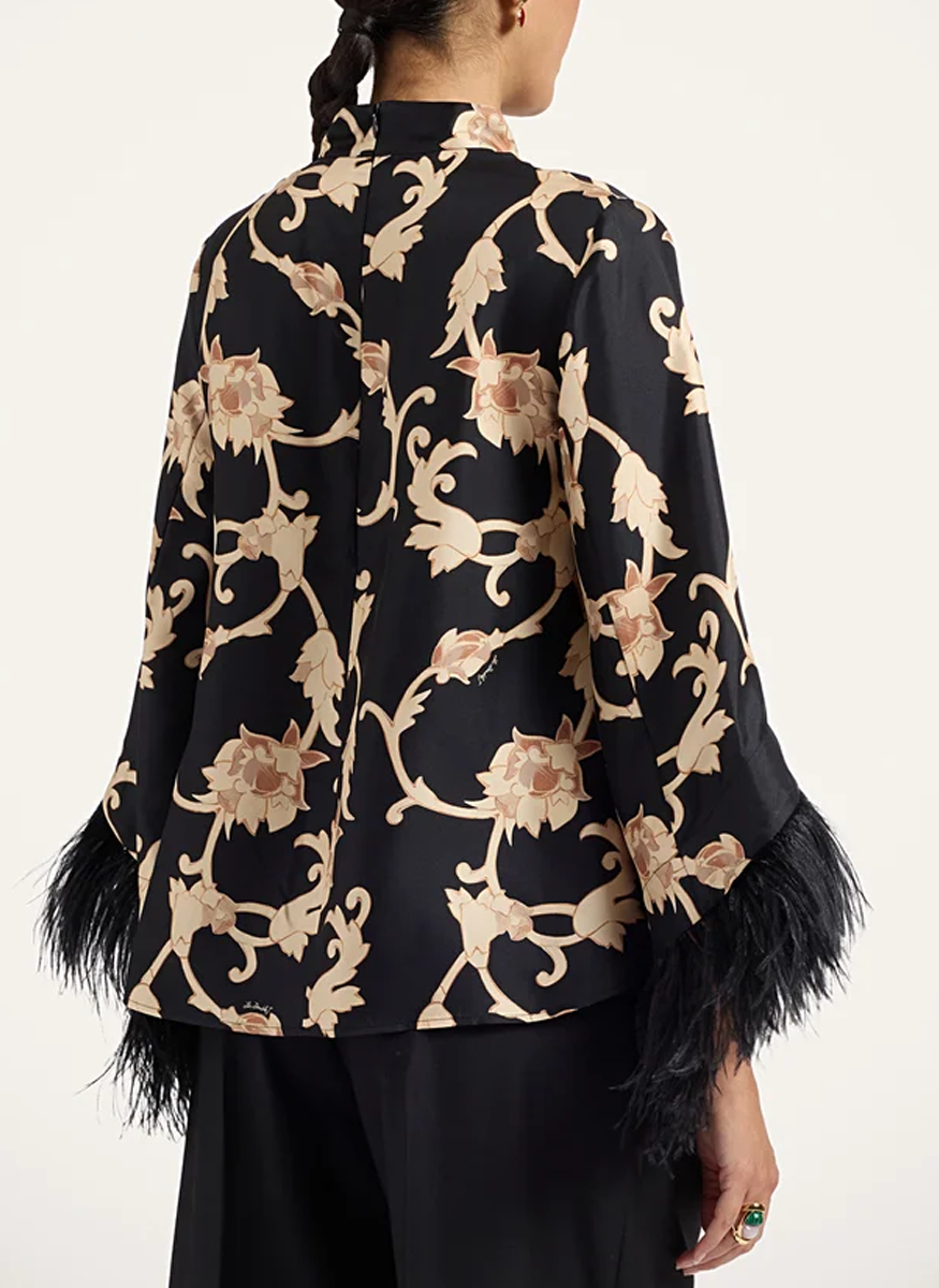 Make An Exit Top Buttercup Black in Silk Twill With Feathers - La DoubleJ
