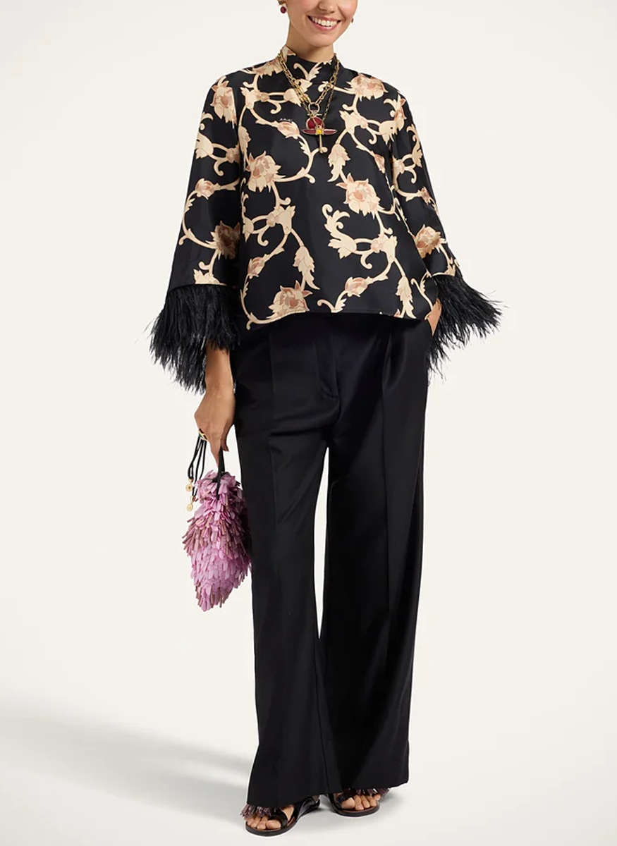 Make An Exit Top Buttercup Black in Silk Twill With Feathers - La DoubleJ