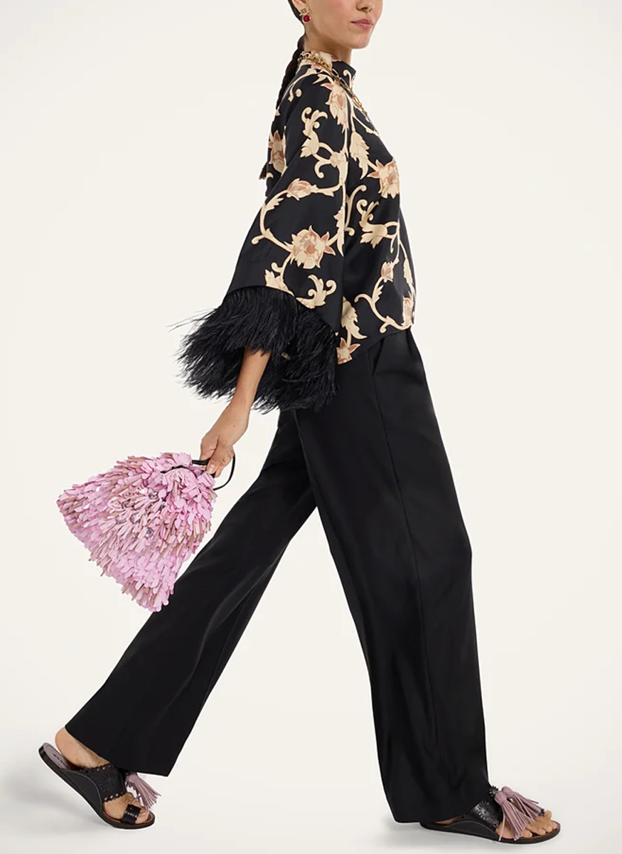 Make An Exit Top Buttercup Black in Silk Twill With Feathers - La DoubleJ