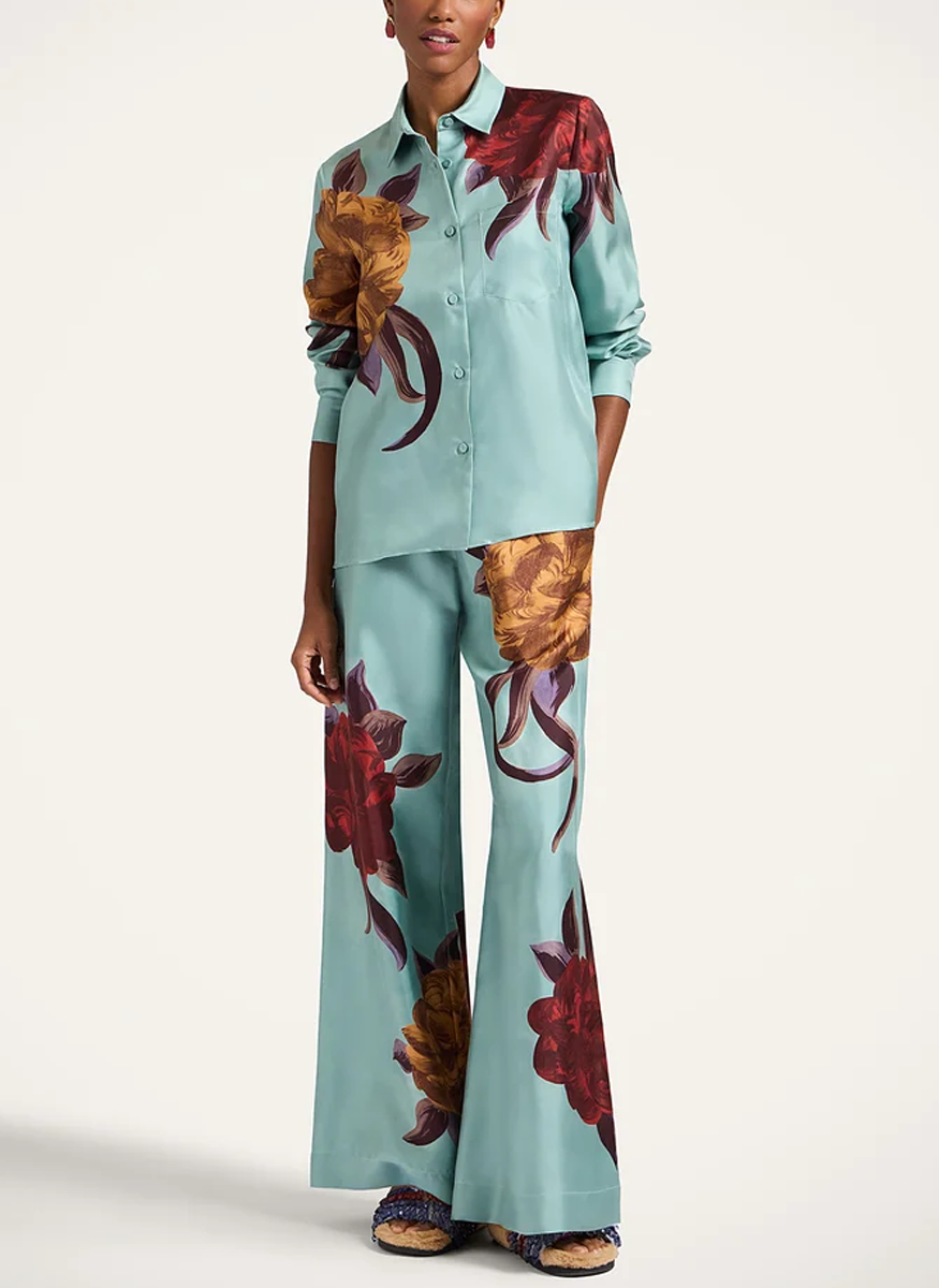 Boy Shirt Peony Placée Light Blue in Silk Twill - La DoubleJ