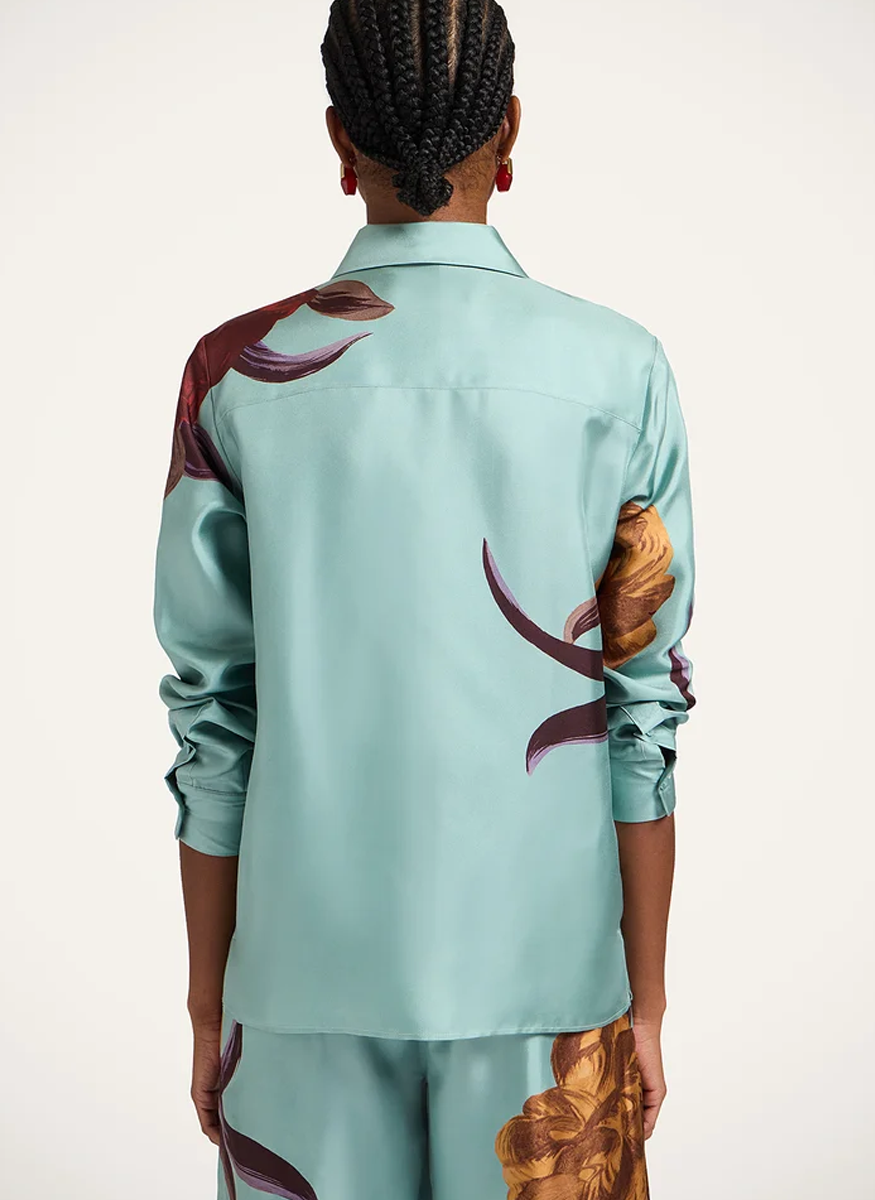 Boy Shirt Peony Placée Light Blue in Silk Twill - La DoubleJ