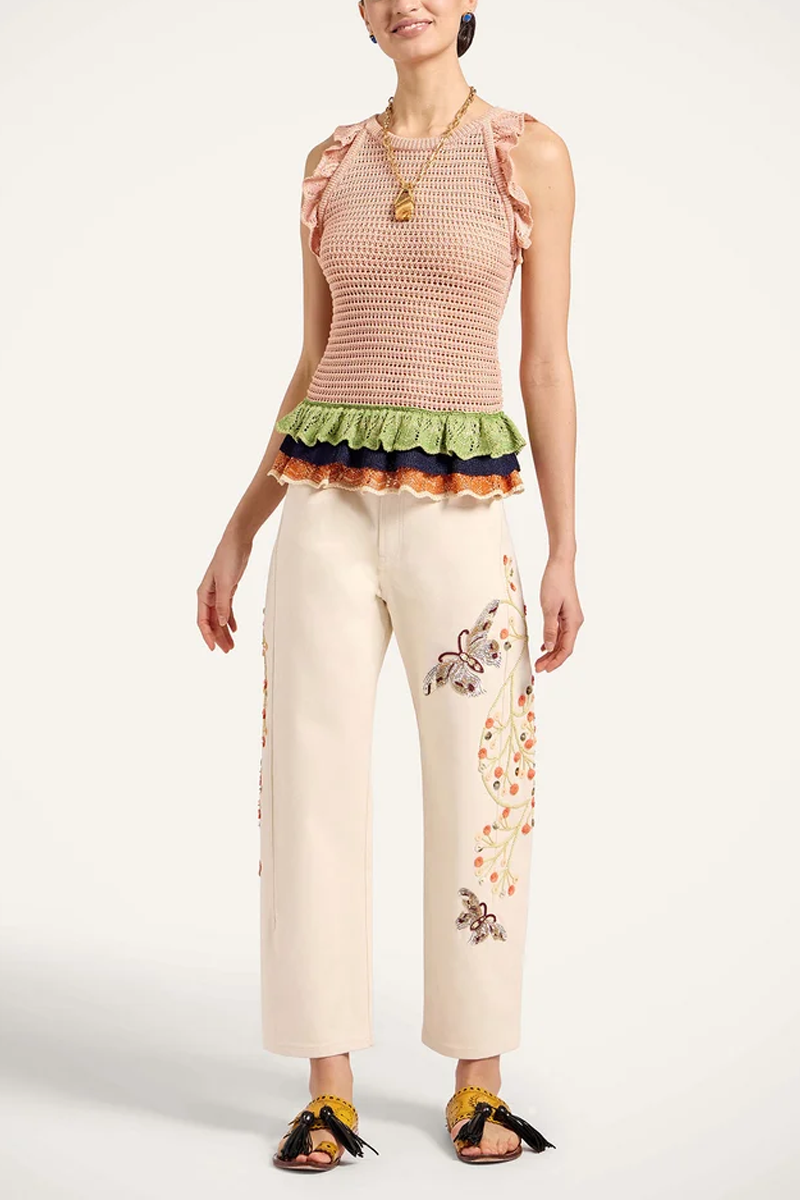 The Barrel Jean in Solid Ecru Embroidered Denim