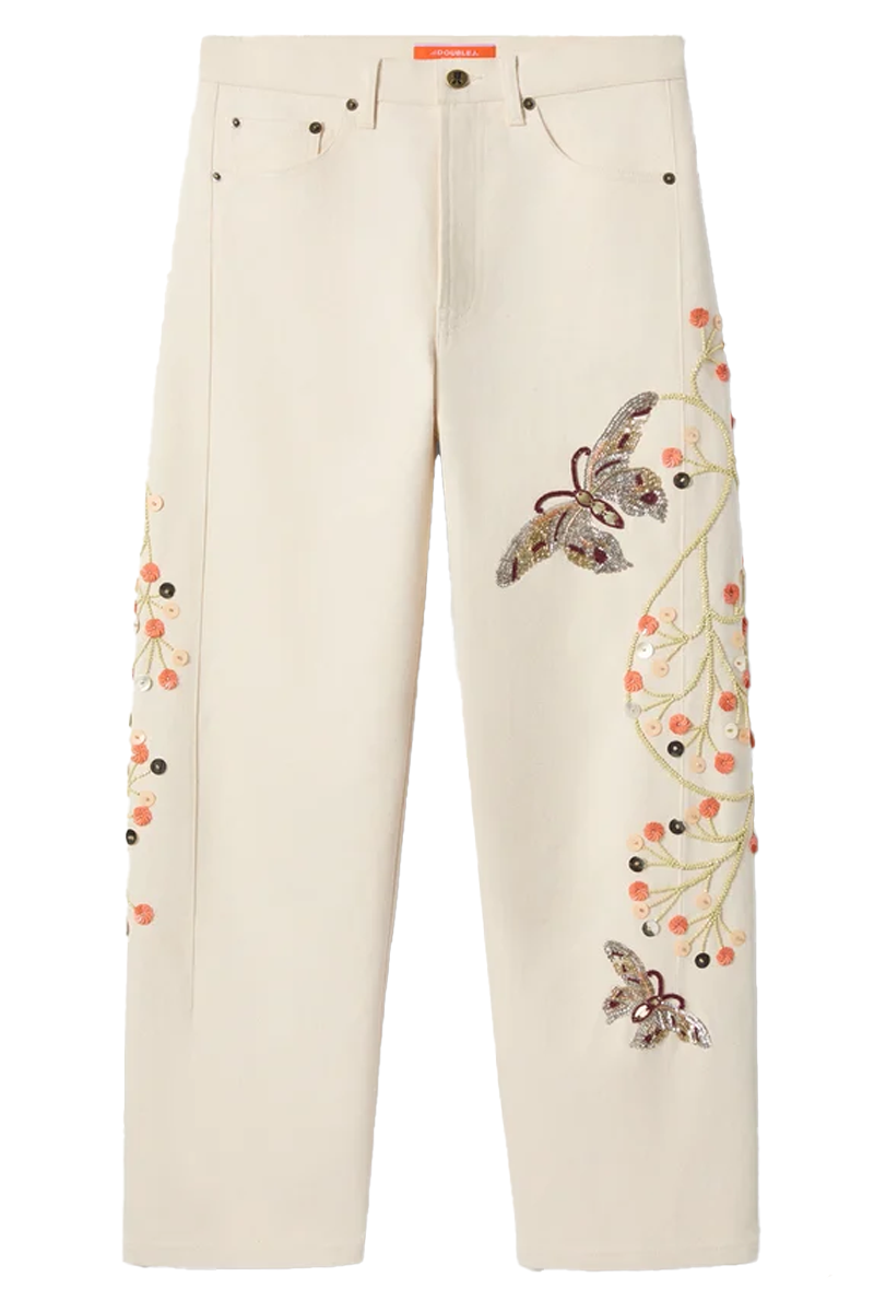 The Barrel Jean in Solid Ecru Embroidered Denim