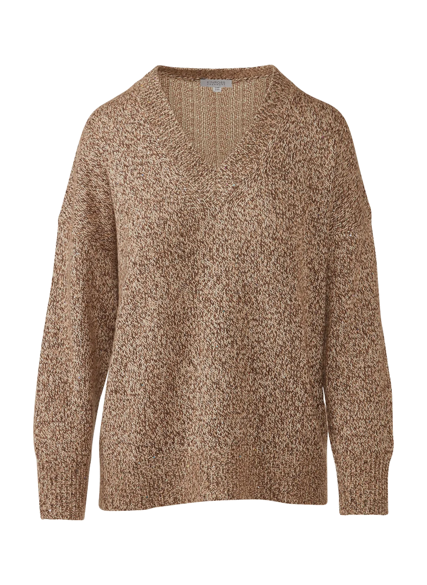 Sequin Marl Easy Vee Sweater in Scotch - Kinross Cashmere