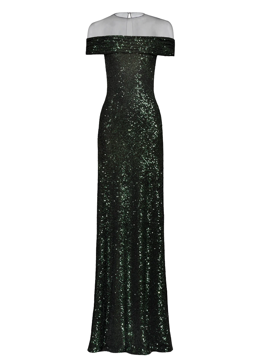 Off Shoulder Illusion Neckline Stretch Sequin Gown - Naeem Khan