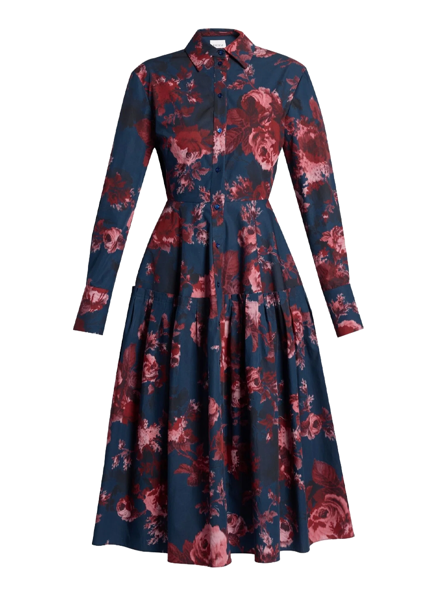 Floral Cotton Draped Long Sleeve Shirt Dress - Erdem