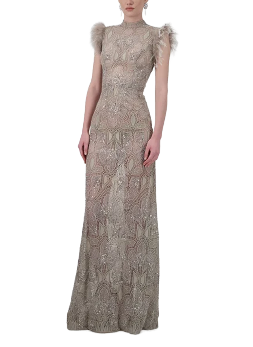 Butterfly Lace Crystal-Embellished Long Dress - Georges Hobeika