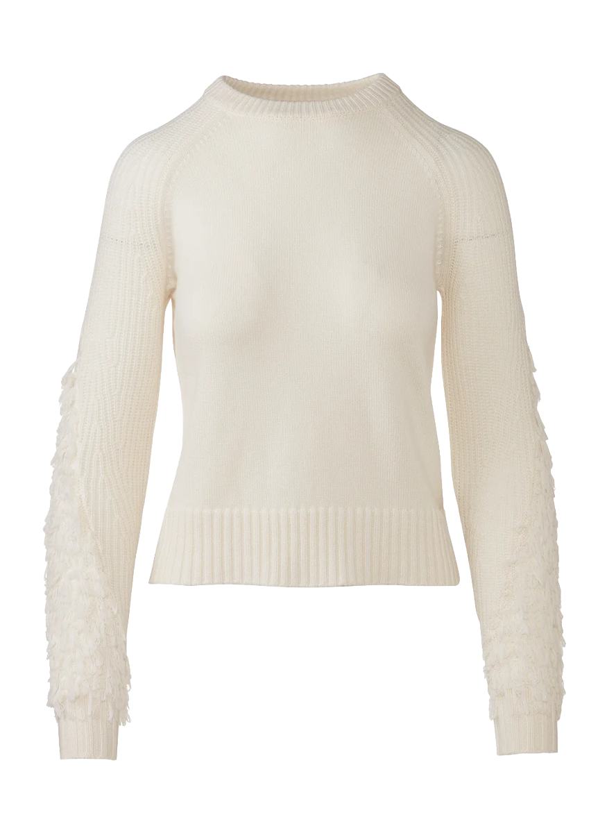 Fringe Sleeve Crew in Ivory - Kinross Cashmere