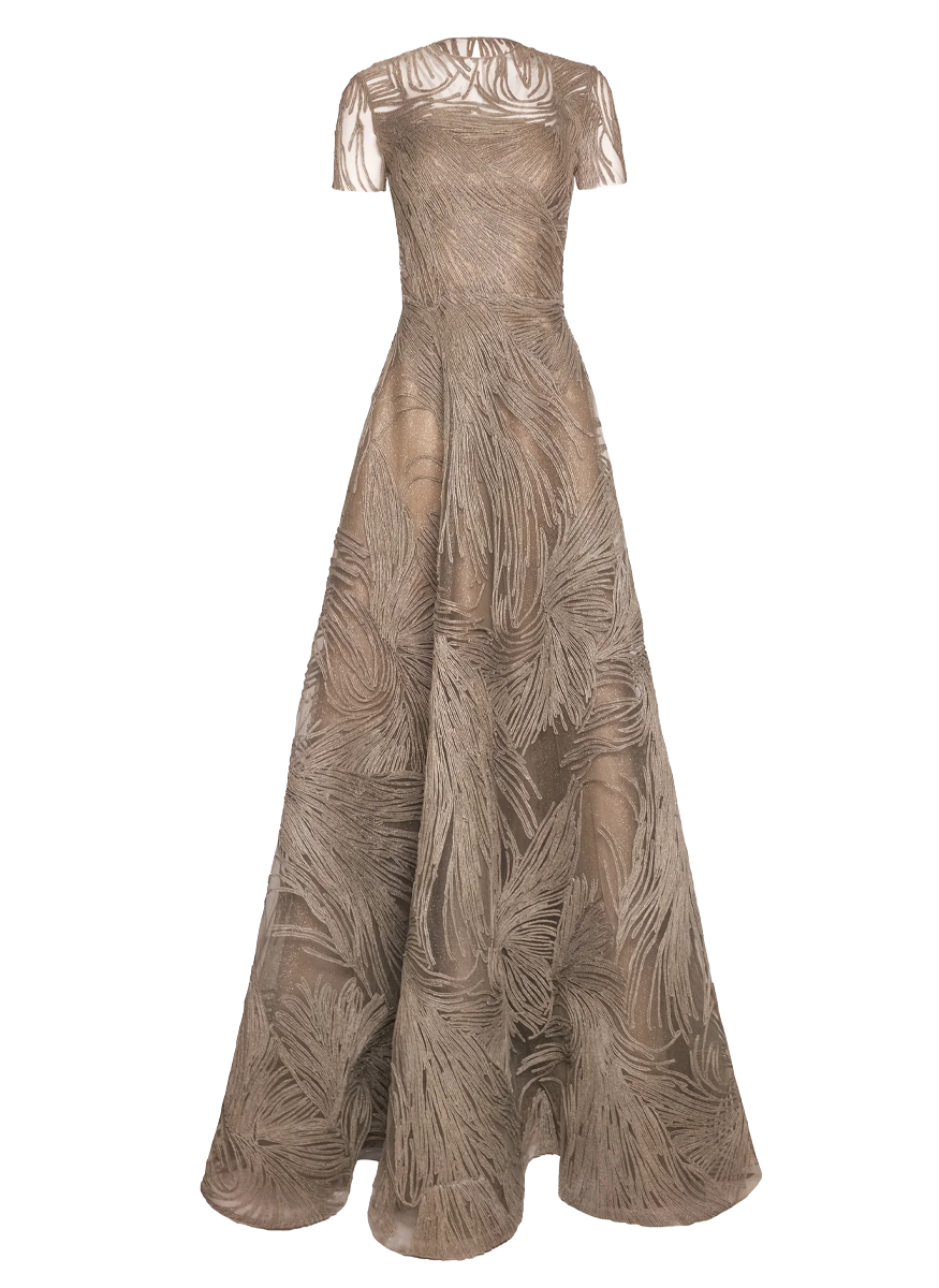 Short Sleeve Illusion Neckline Raffia Gown - Naeem Khan