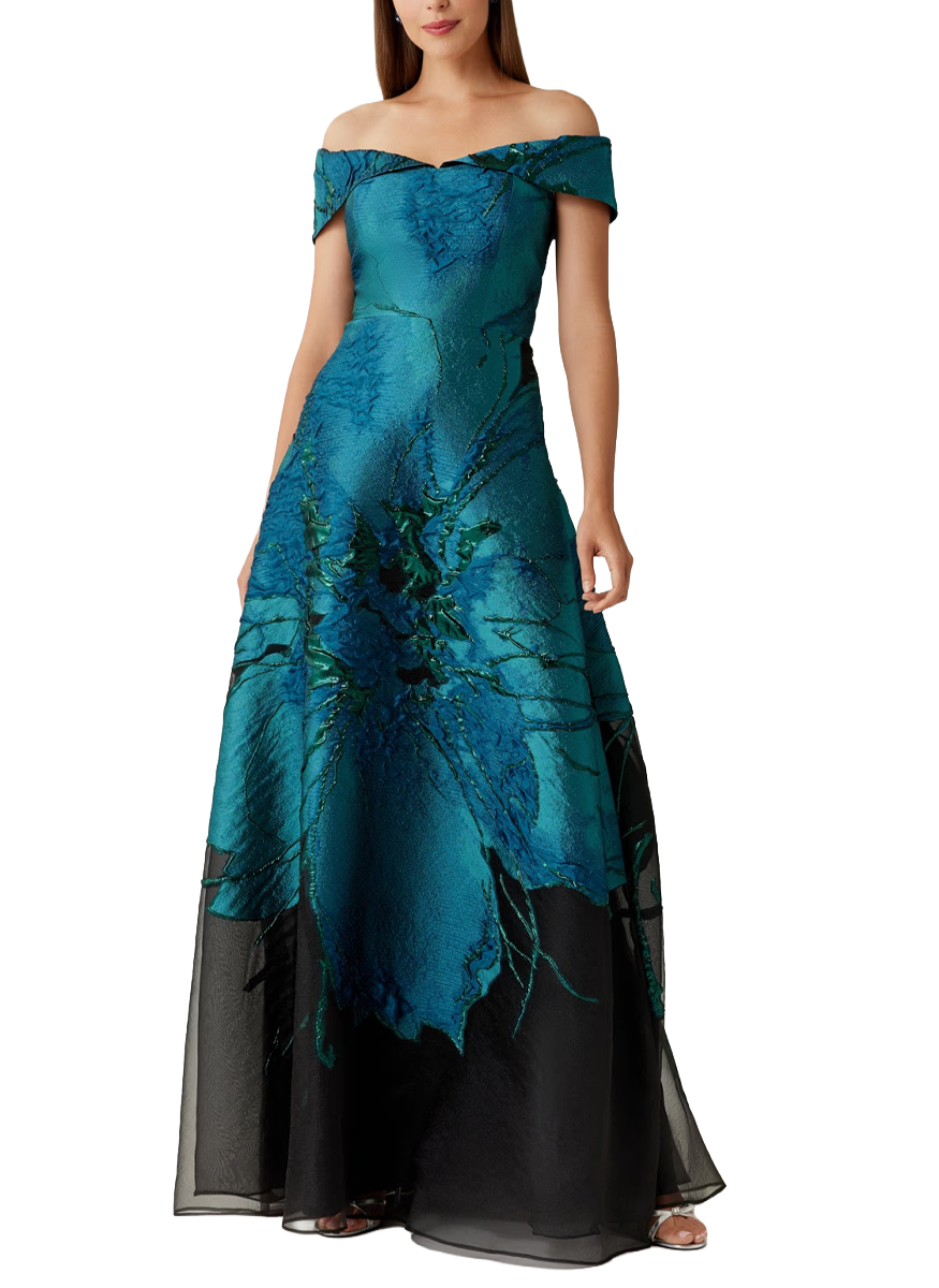 Jacquard Organza Off Shoulder A Line Gown - Teri Jon