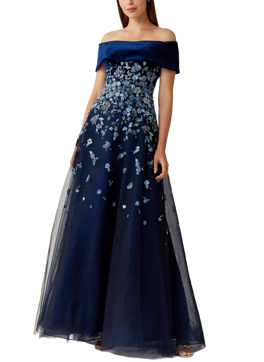 Floral Embroidered Tulle and Velvet Gown - Teri Jon