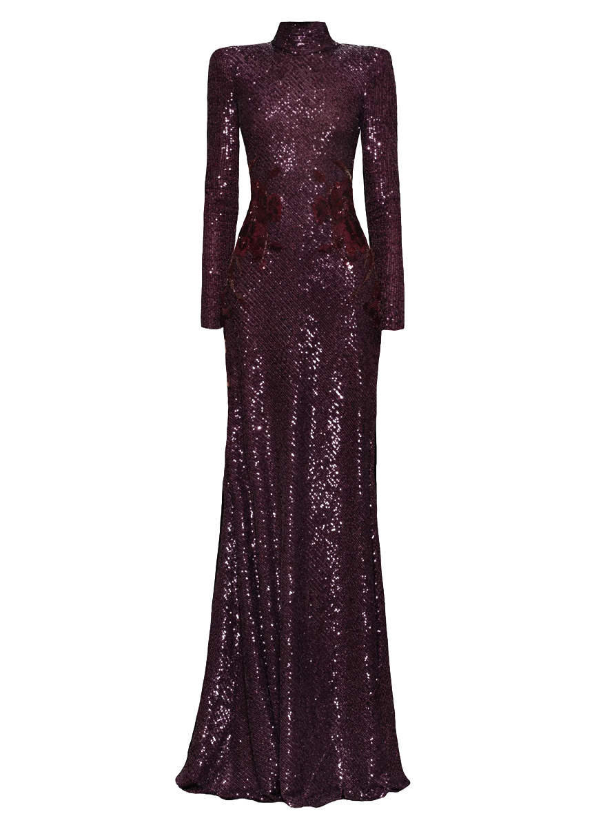 High Neck Long Sleeve Stretch Sequin Gown with Hand-Beaded Flowers - Naeem Khan