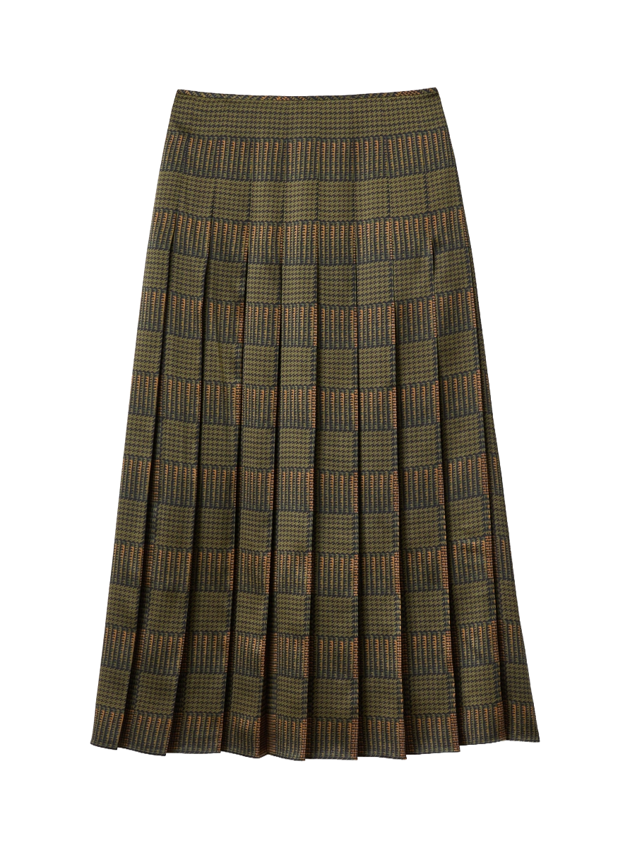 Green Plaid Print Silk Pleated Skirt - Lafayette 148 New York