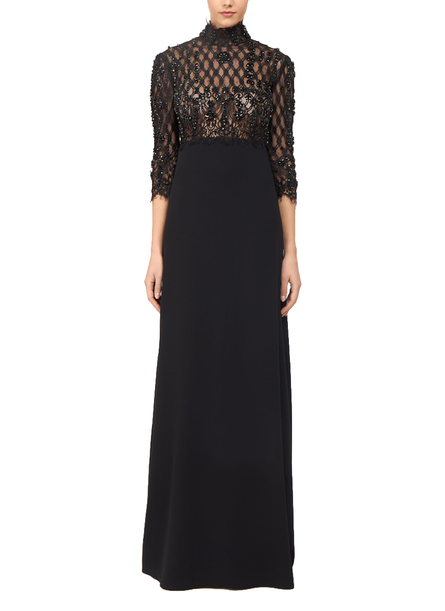 Brona Hand-Beaded Lace Gown with Bias Cut Crepe Skirt