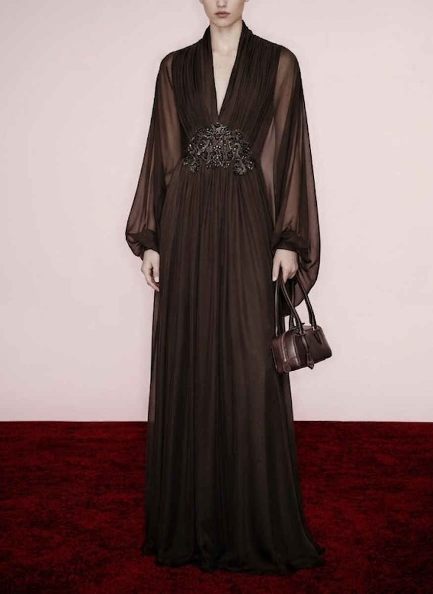 Chiffon Draped Beaded Detail Gown with Sleeves
