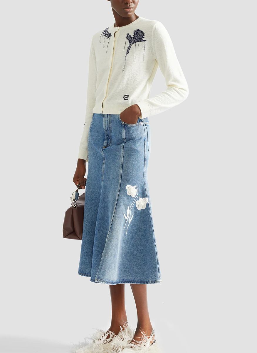 Embroidered Denim Midi Skirt - Erdem