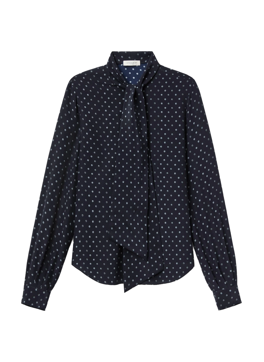 Polka Dot Print Silk Crepe De Chin Tie Neck Blouse - Lafayette 148 New York