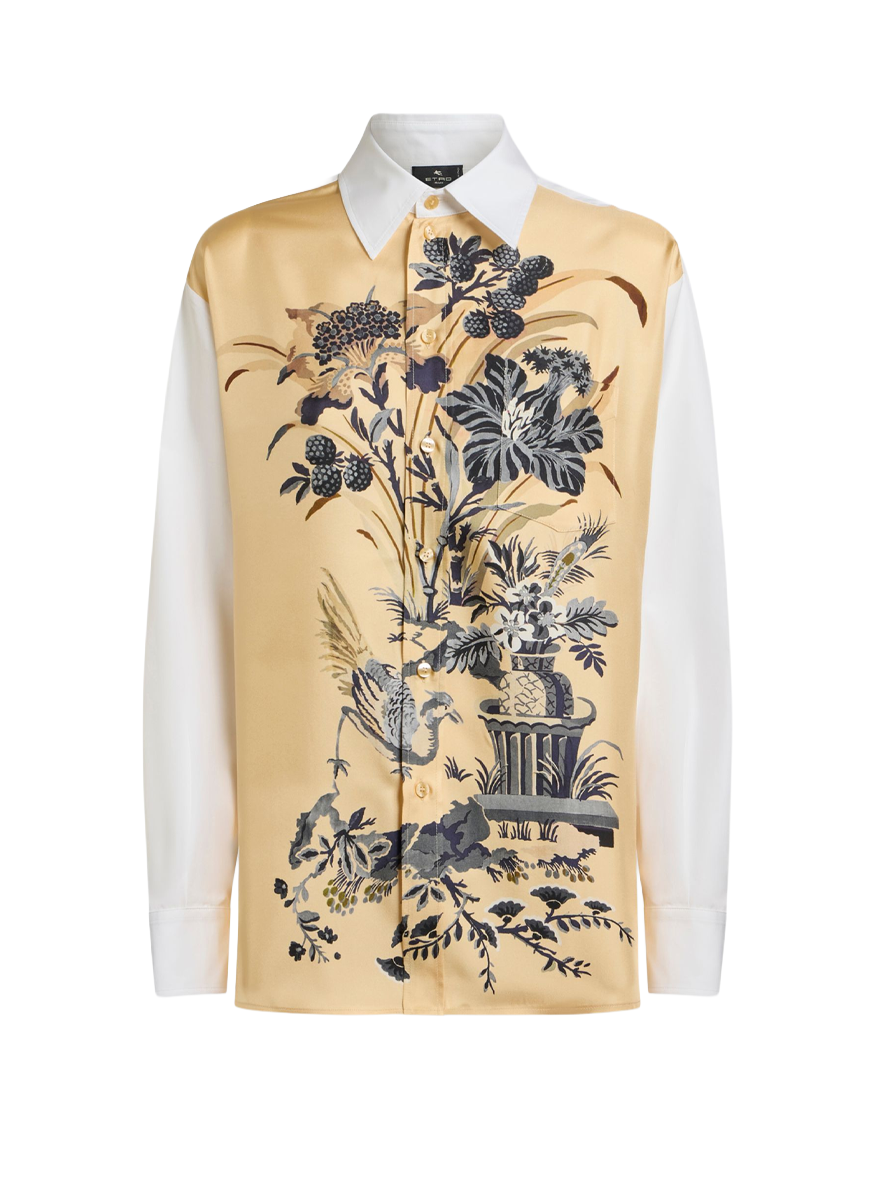 Cotton and Silk Shirt with Placed Floral Print on the Front - ETRO