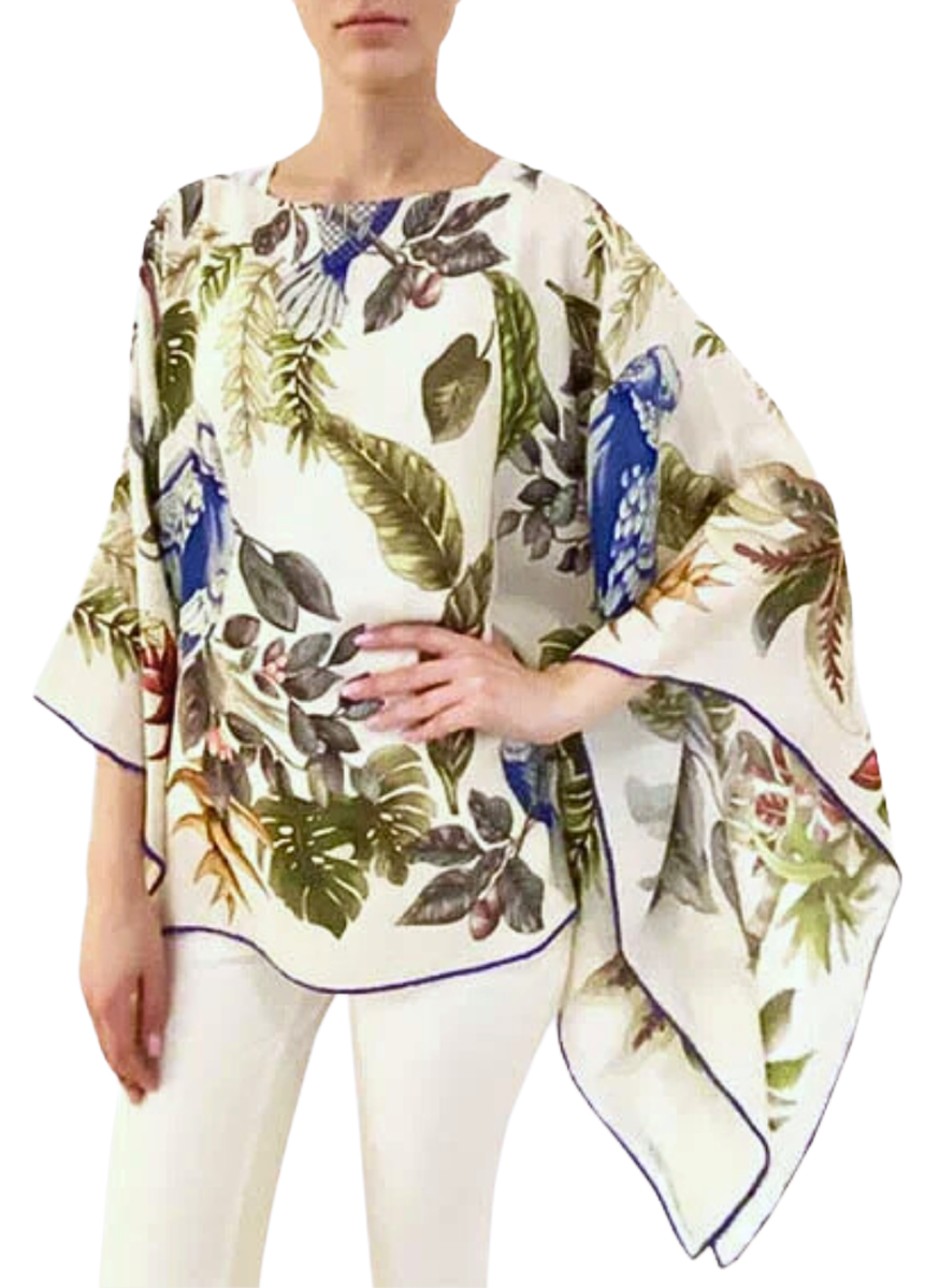 Blue Birds Cashmere Printed Poncho - Rani Arabella