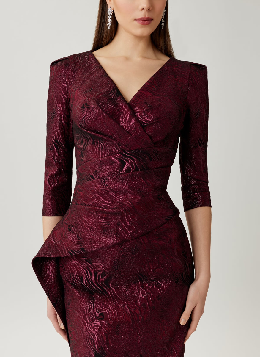 Metallic Jacquard Side Drape Gown - Teri Jon