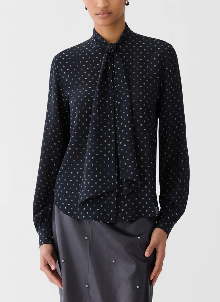 Polka Dot Print Silk Crepe De Chin Tie Neck Blouse - Lafayette 148 New York
