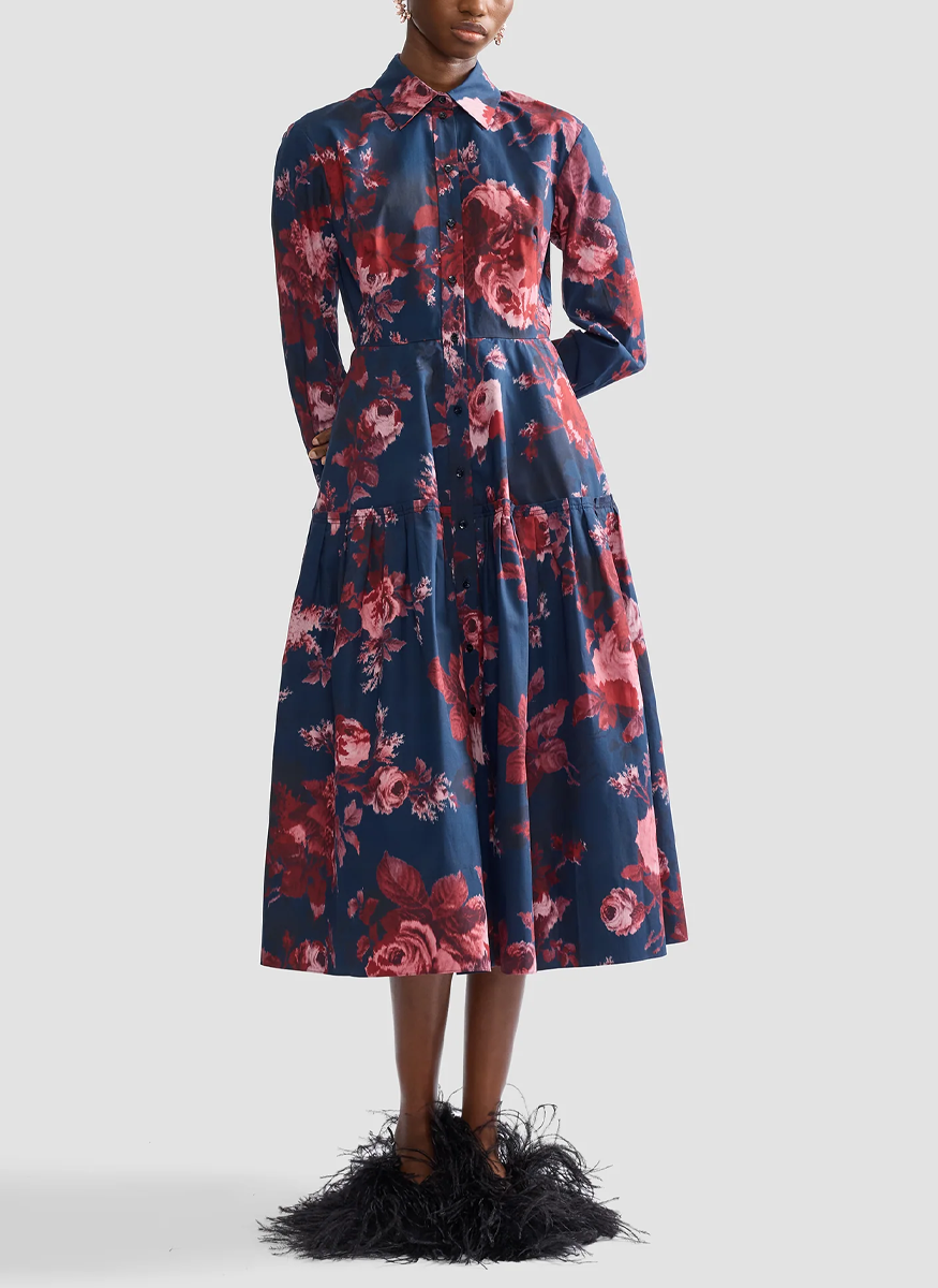 Floral Cotton Draped Long Sleeve Shirt Dress - Erdem