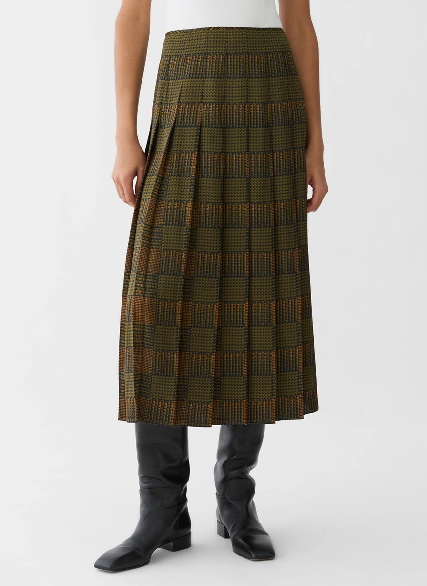 Green Plaid Print Silk Pleated Skirt - Lafayette 148 New York