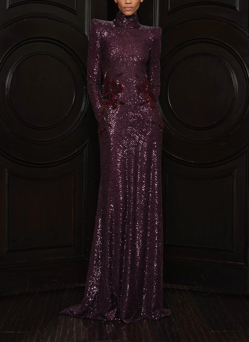 High Neck Long Sleeve Stretch Sequin Gown with Hand-Beaded Flowers - Naeem Khan