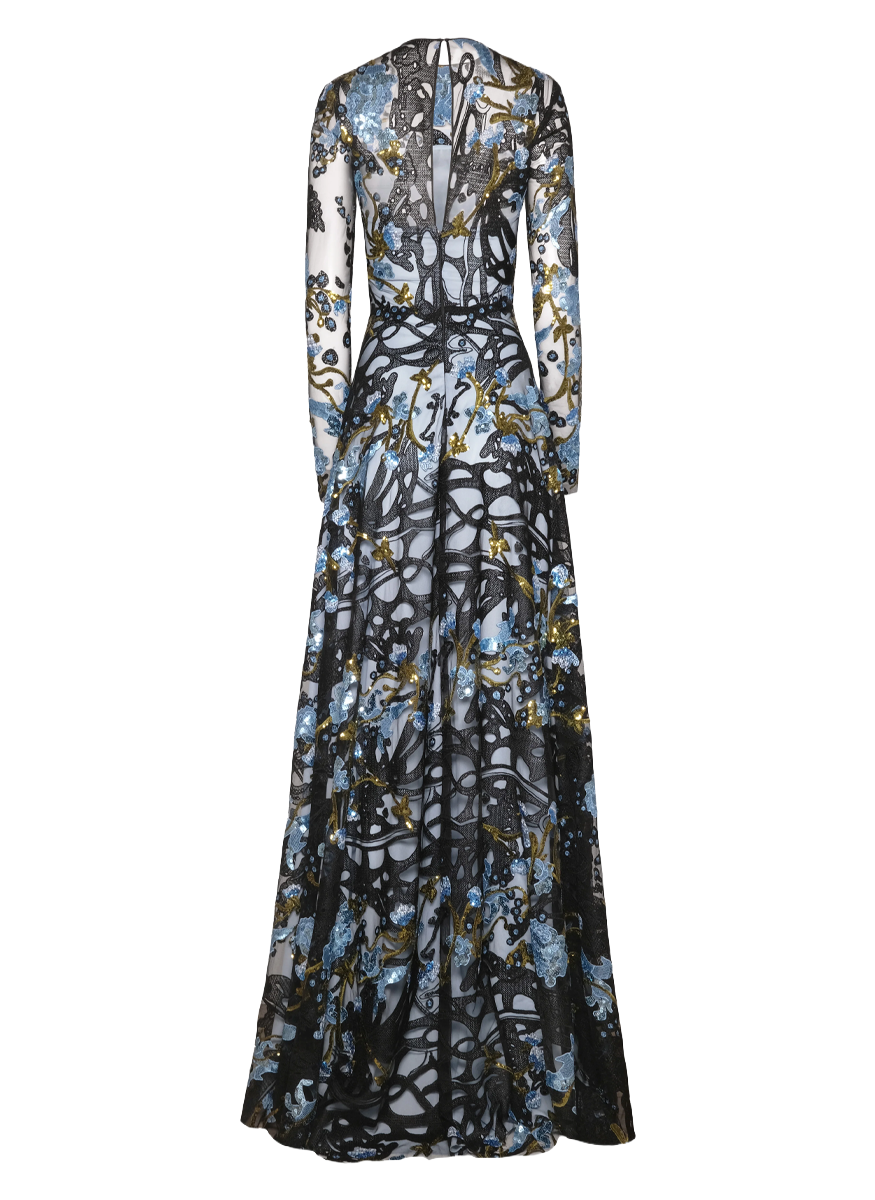 Abstract Sequin Lace Floral Long Sleeve Gown