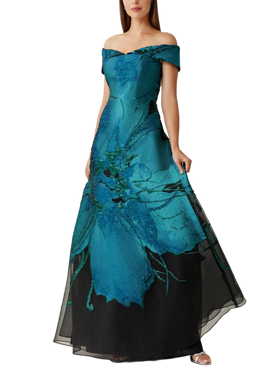 Jacquard Organza Off Shoulder A Line Gown - Teri Jon