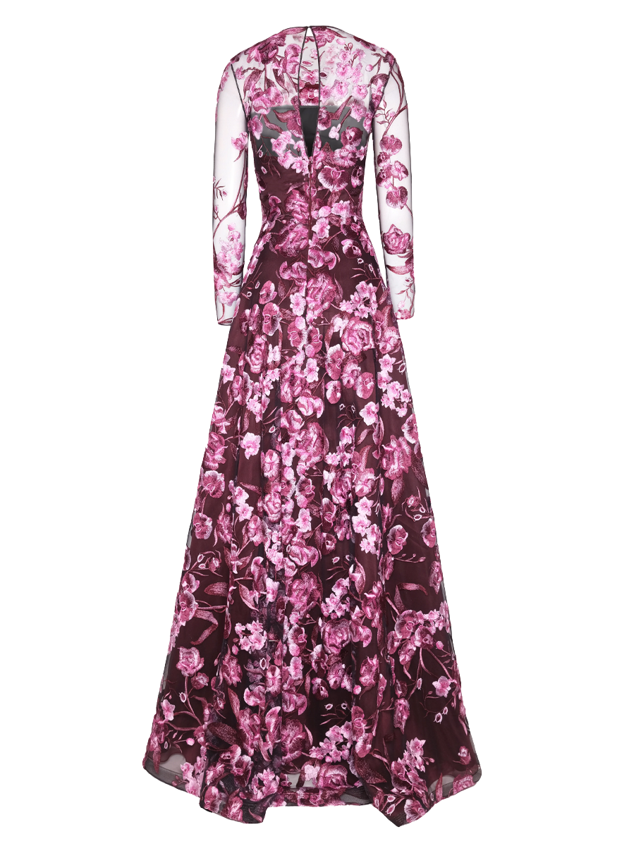 Floral Embroidered Long Sleeve Gown
