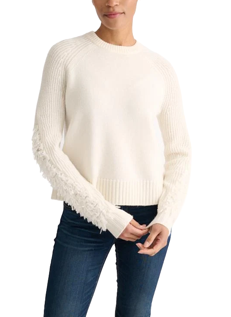 Fringe Sleeve Crew in Ivory - Kinross Cashmere
