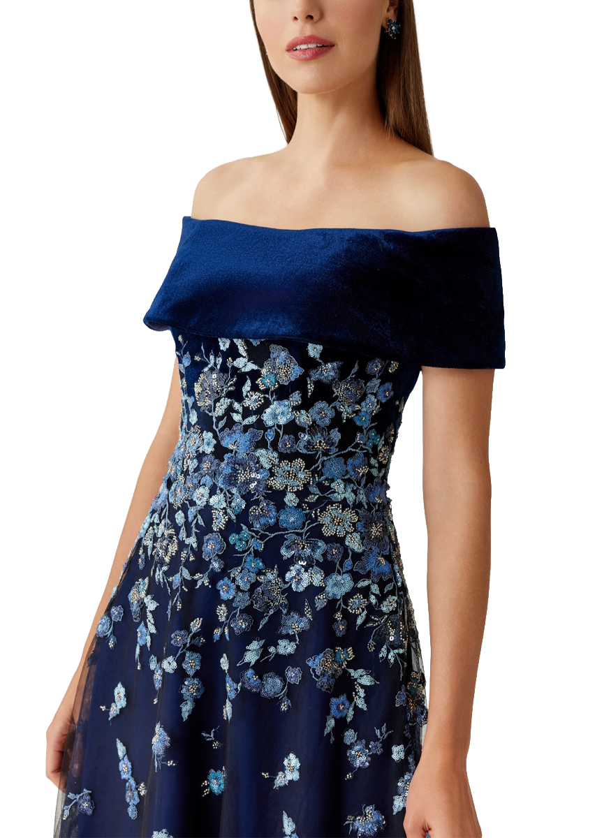 Floral Embroidered Tulle and Velvet Gown - Teri Jon