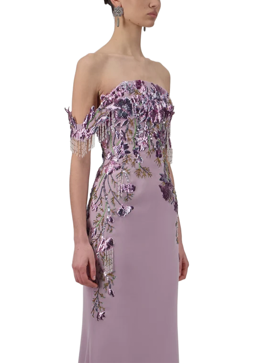 Off Shoulder Crepe Embellished Gown - Georges Hobeika