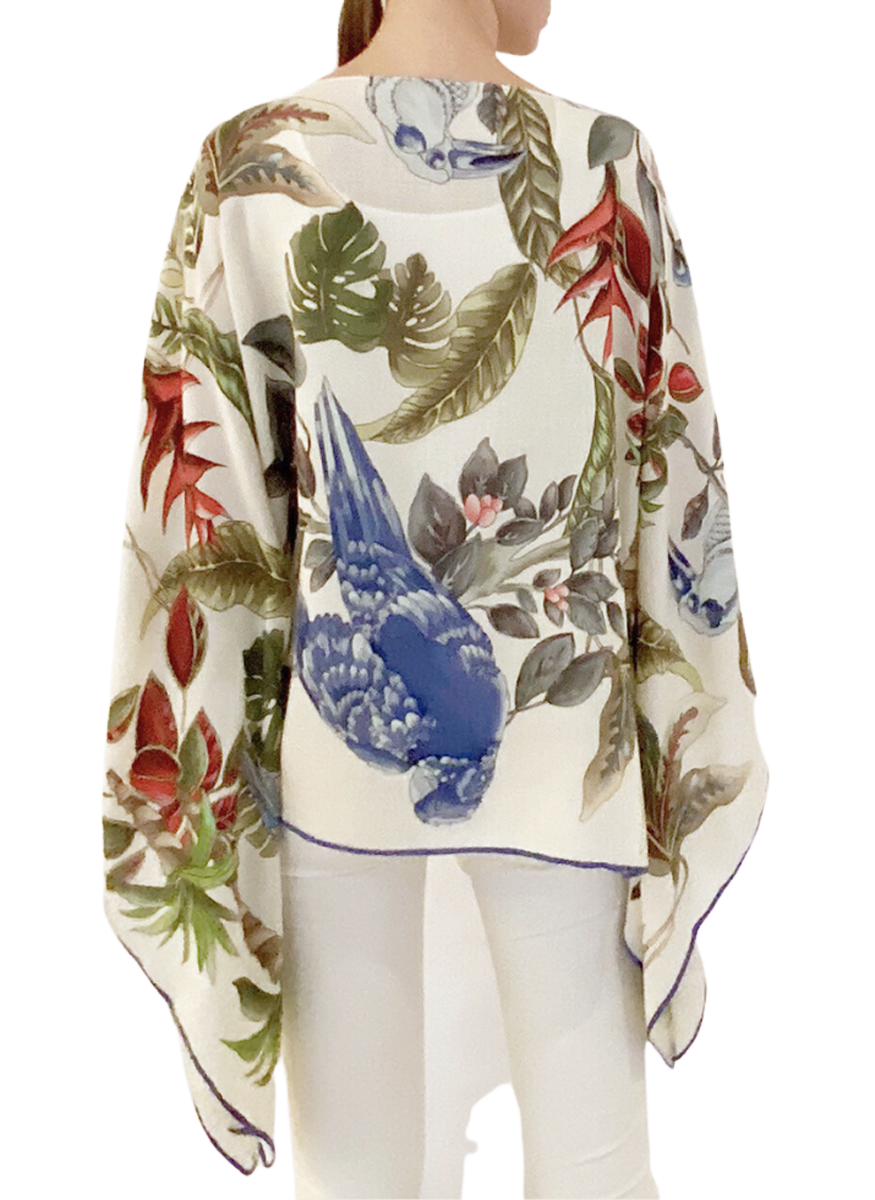 Blue Birds Cashmere Printed Poncho - Rani Arabella