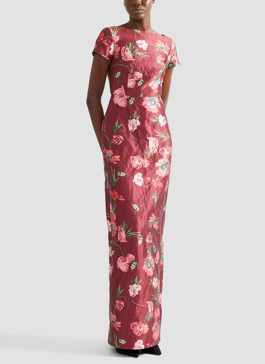 Floral Textured Satin Short Sleeve Gown - Erdem
