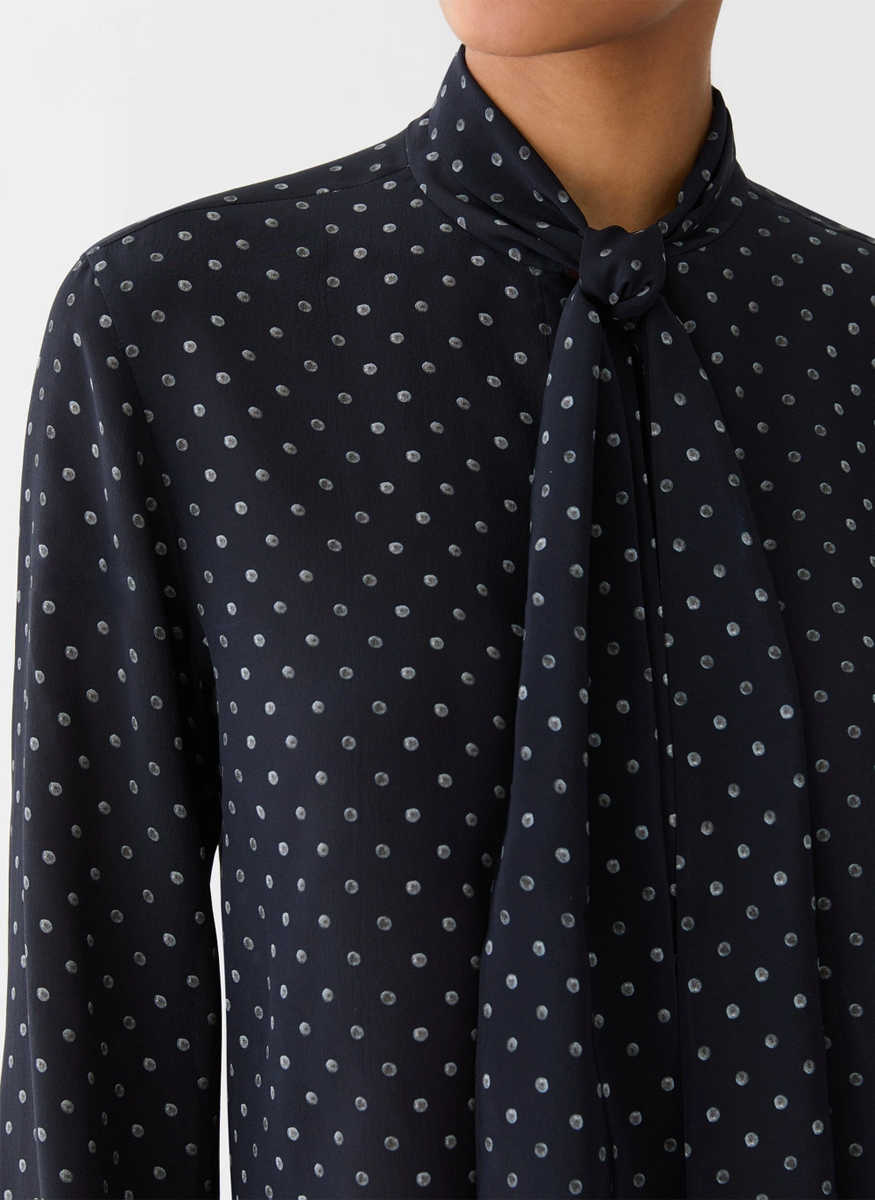 Polka Dot Print Silk Crepe De Chin Tie Neck Blouse - Lafayette 148 New York