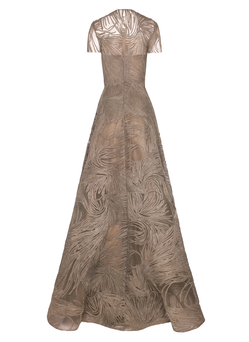 Short Sleeve Illusion Neckline Raffia Gown - Naeem Khan