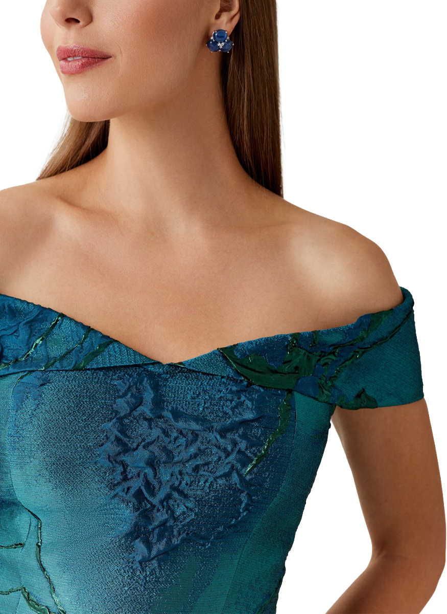 Jacquard Organza Off Shoulder A Line Gown - Teri Jon