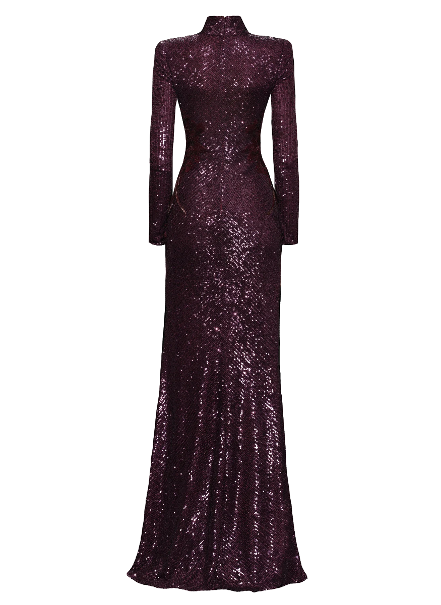 High Neck Long Sleeve Stretch Sequin Gown with Hand-Beaded Flowers - Naeem Khan