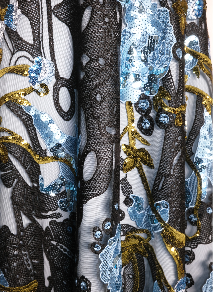 Abstract Sequin Lace Floral Long Sleeve Gown - Naeem Khan