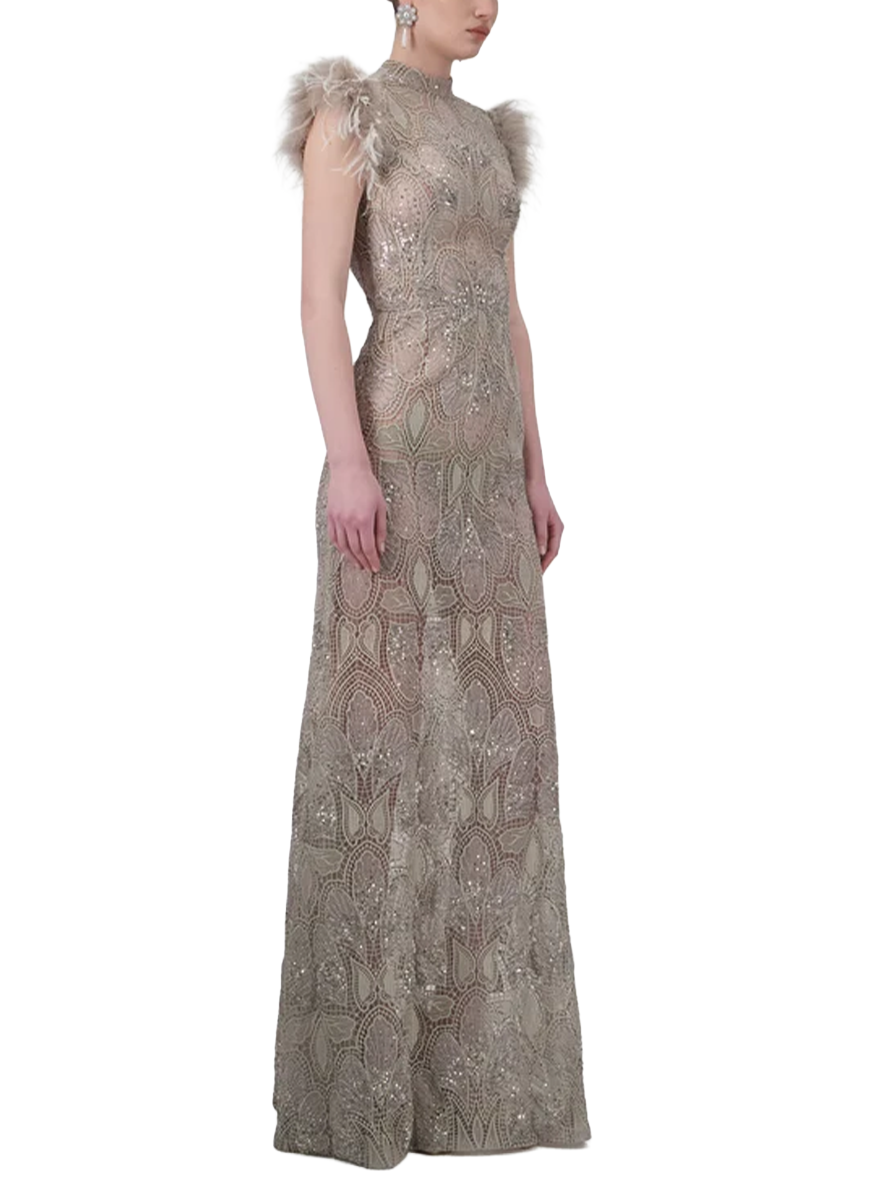 Butterfly Lace Crystal-Embellished Long Dress - Georges Hobeika