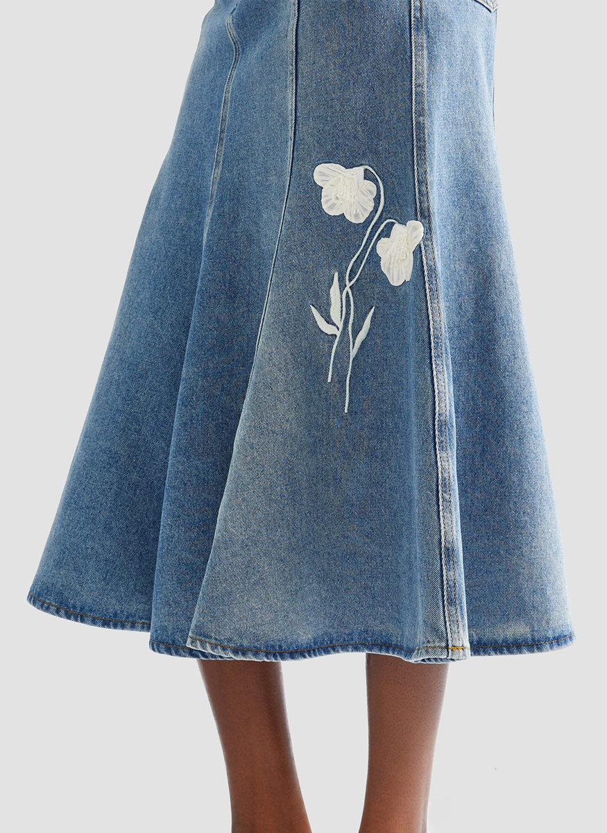 Embroidered Denim Midi Skirt - Erdem