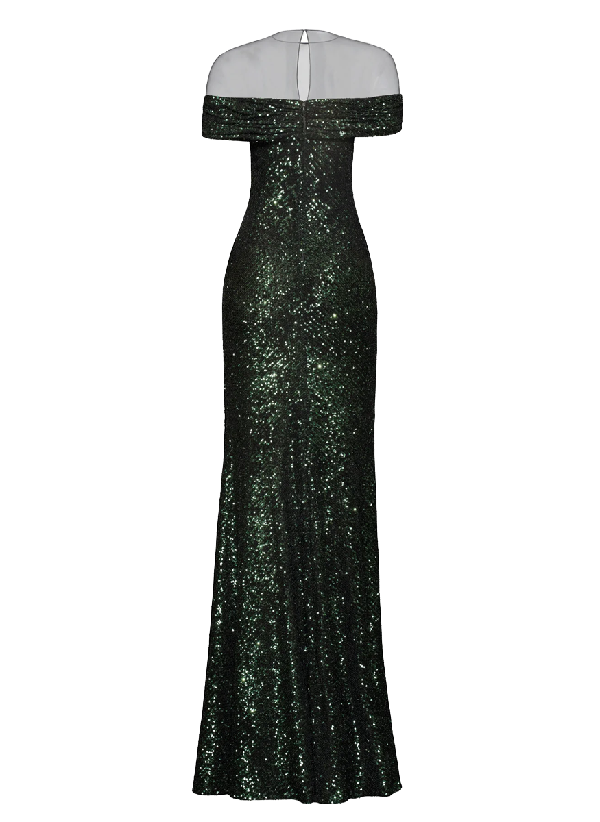 Off Shoulder Illusion Neckline Stretch Sequin Gown - Naeem Khan