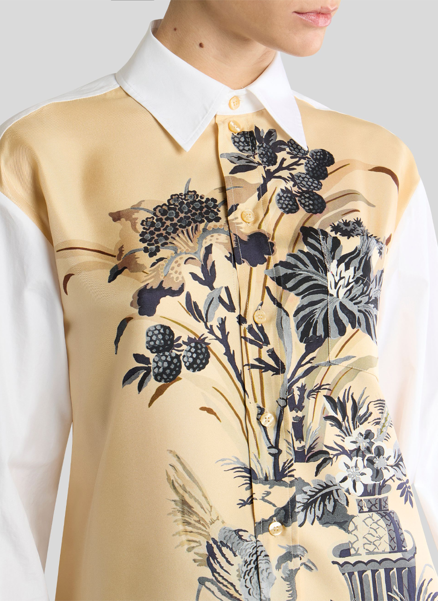Cotton and Silk Shirt with Placed Floral Print on the Front - ETRO