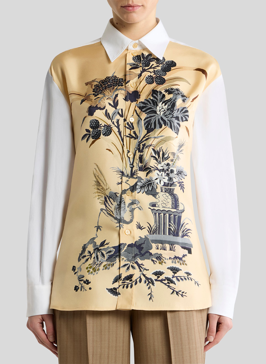 Cotton and Silk Shirt with Placed Floral Print on the Front - ETRO